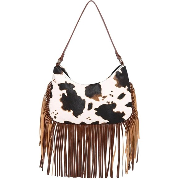 Handbags - Women's Western Cow Print Fringe Trim Faux Leather Shoulder Bag Zipper Purse